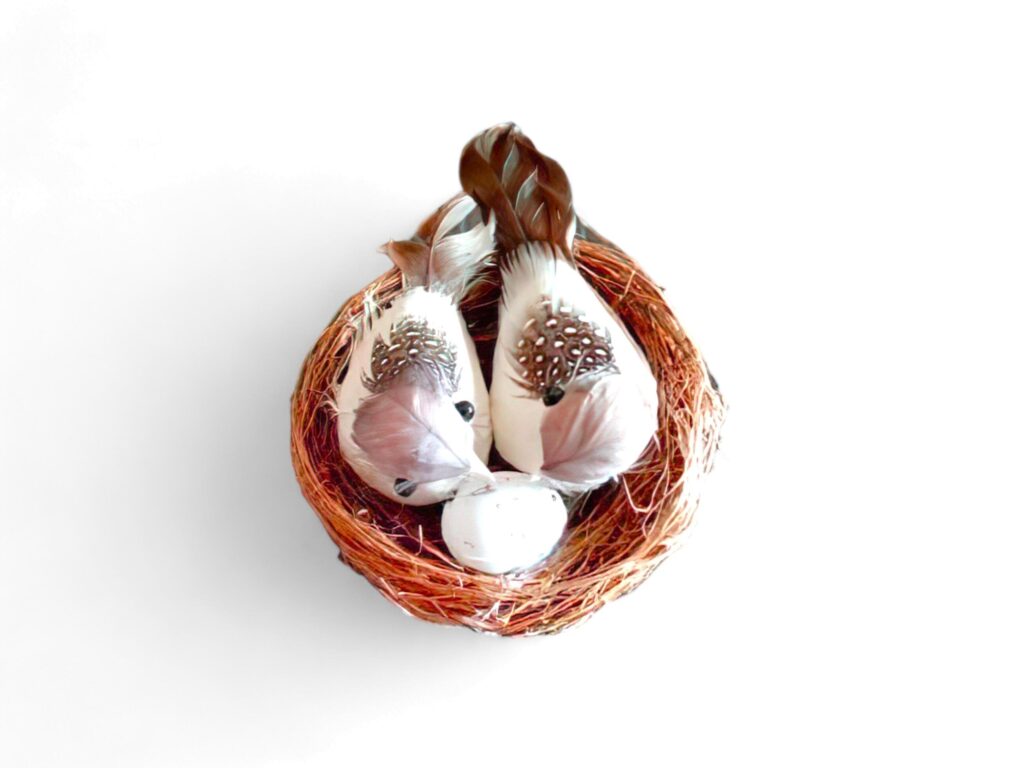 Decorated miniature bird in a nest on a white background Stock Free