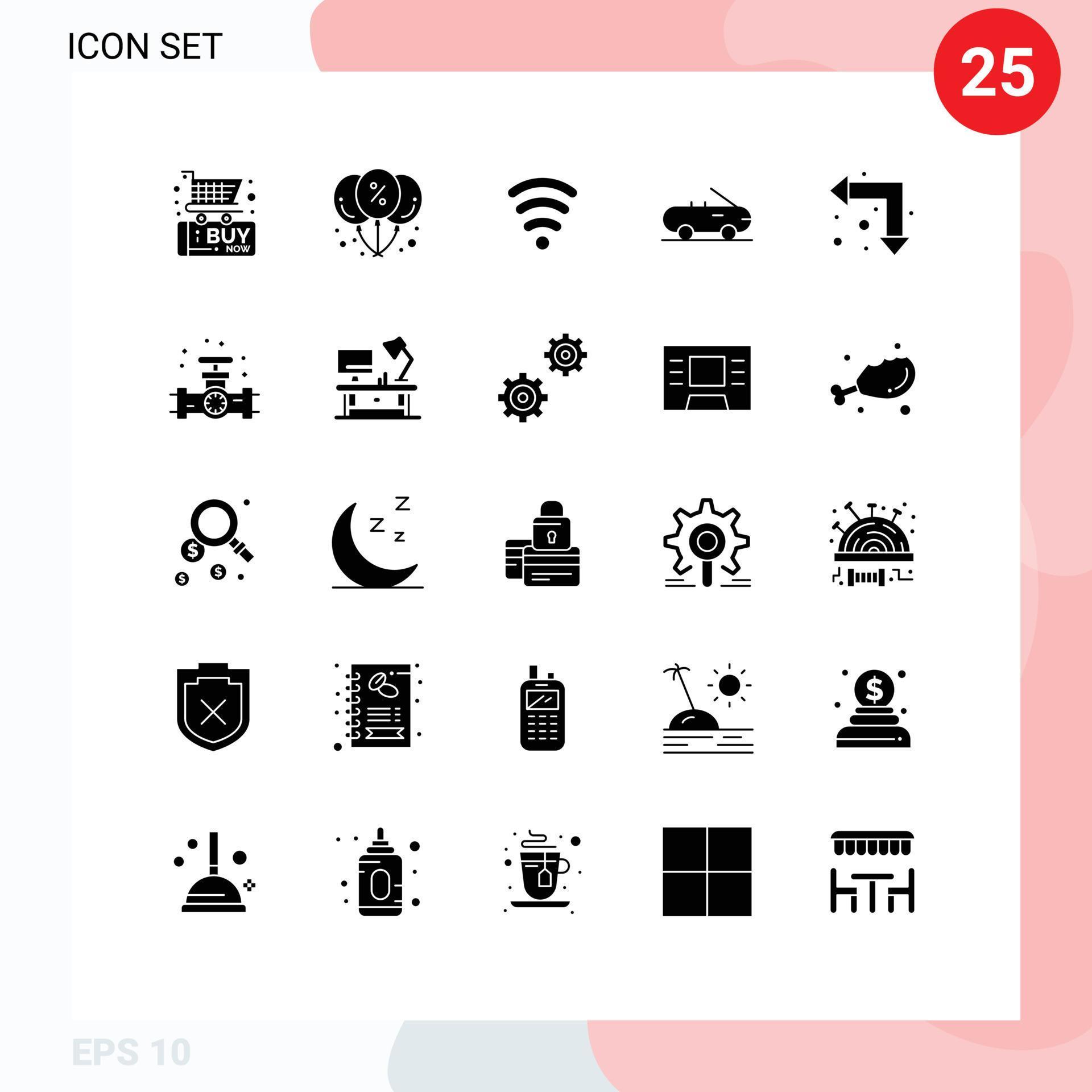 25 Universal Solid Glyphs Set for Web and Mobile Applications gauge up left wifi arrows car Editable Vector Design Elements Stock Free