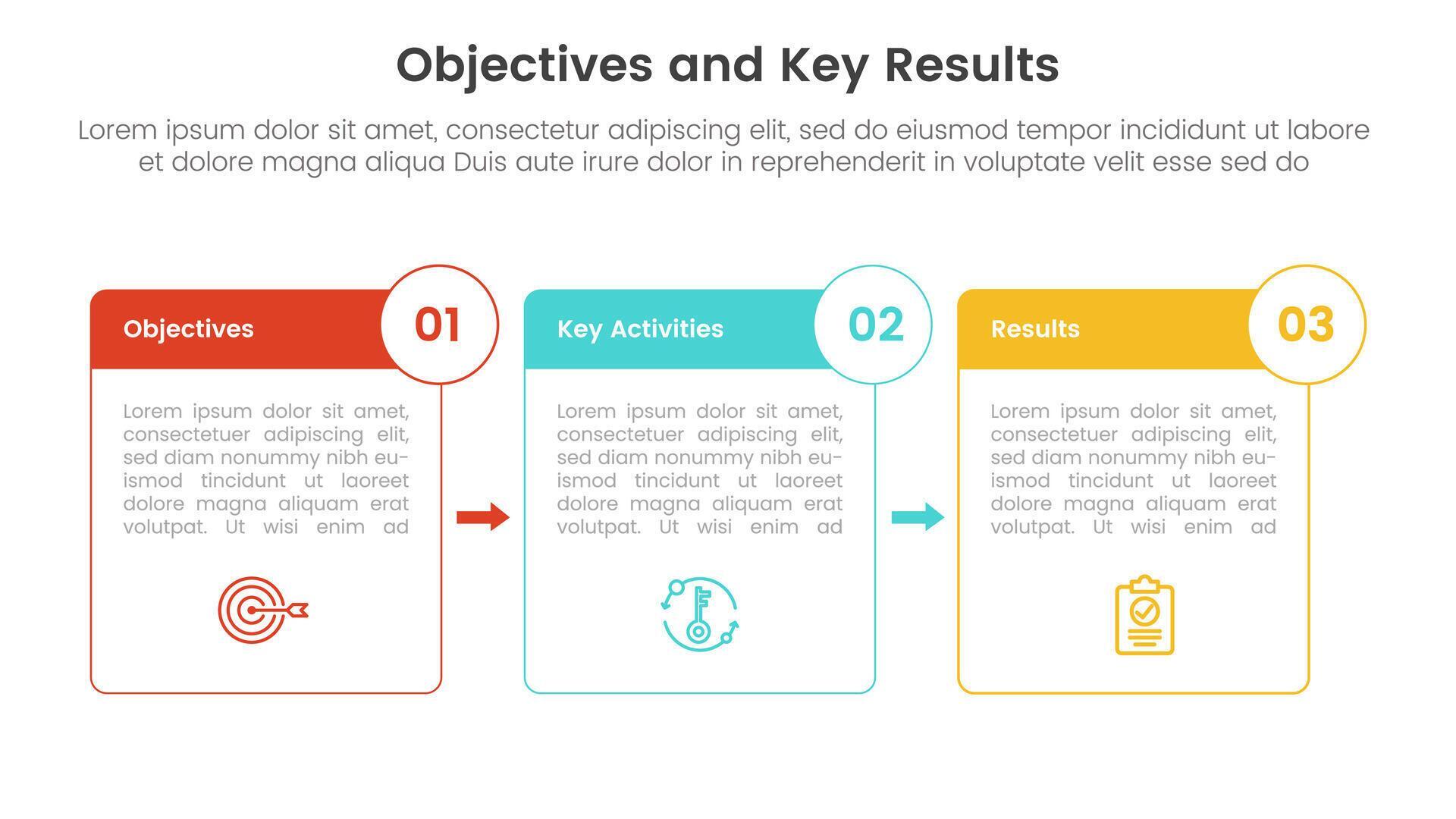 okr objectives and key results infographic 3 point stage template with box outline and badge arrow concept for slide presentation Stock Free