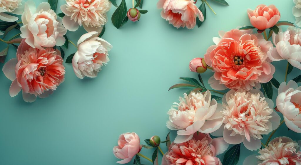 Peach Peonies With Green Leaves on a Mint Green Background Stock Free