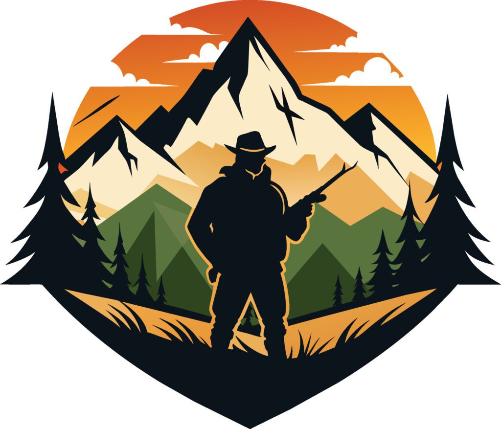 Hunter with a gun on the background of the mountains. Vector illustration Free Vector