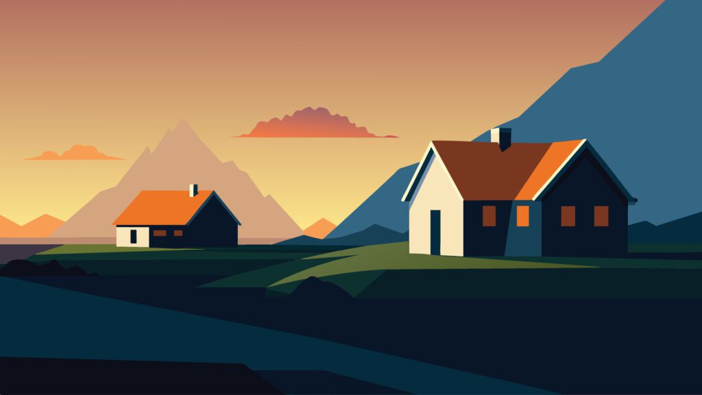 Typical view of turf-top houses in Icelandic countryside. Dramatic summer sunrise Fla illustration Nature background. Free Vector