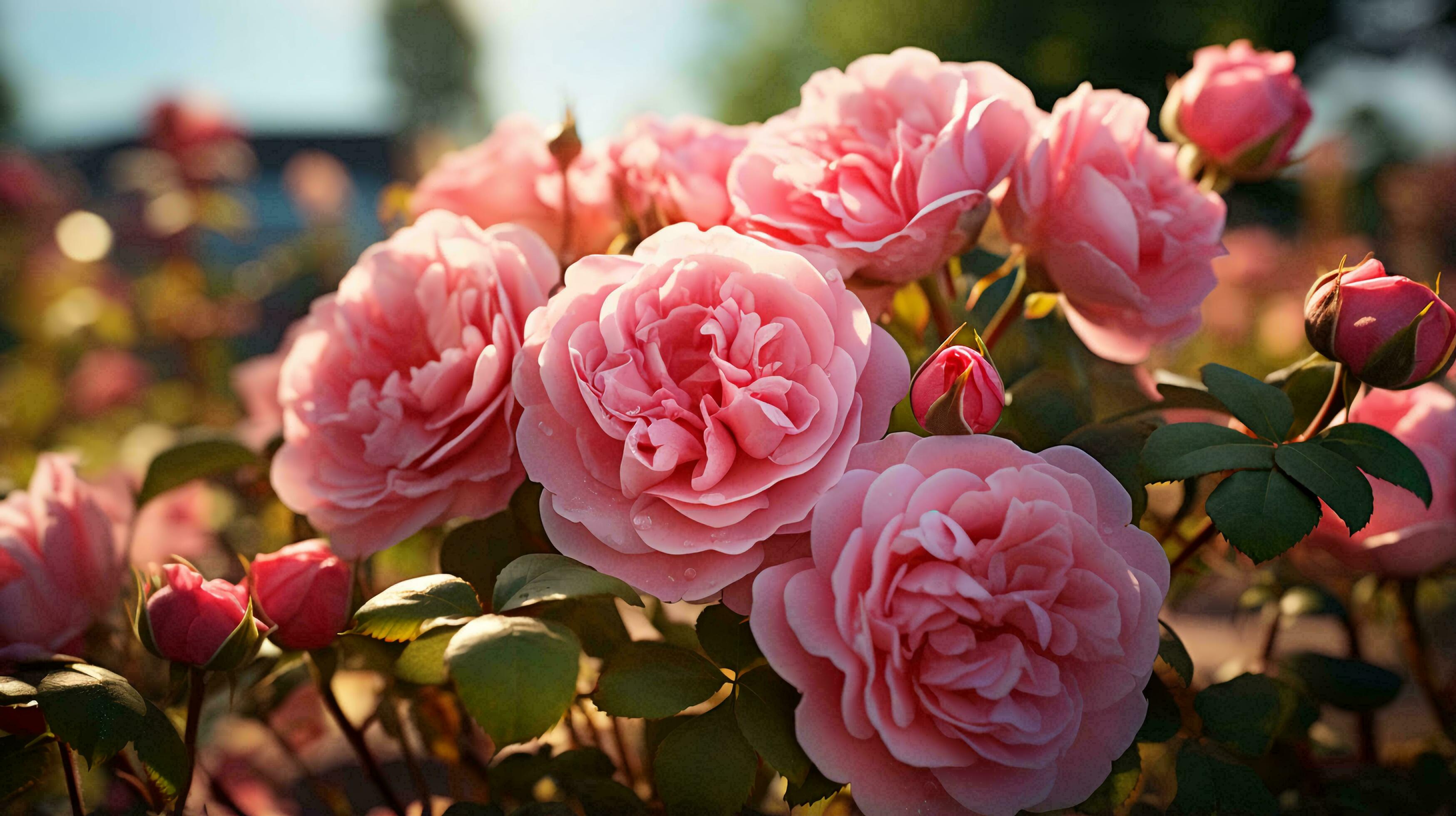 Beautiful delicate pink flowers spray roses background. AI generated Stock Free