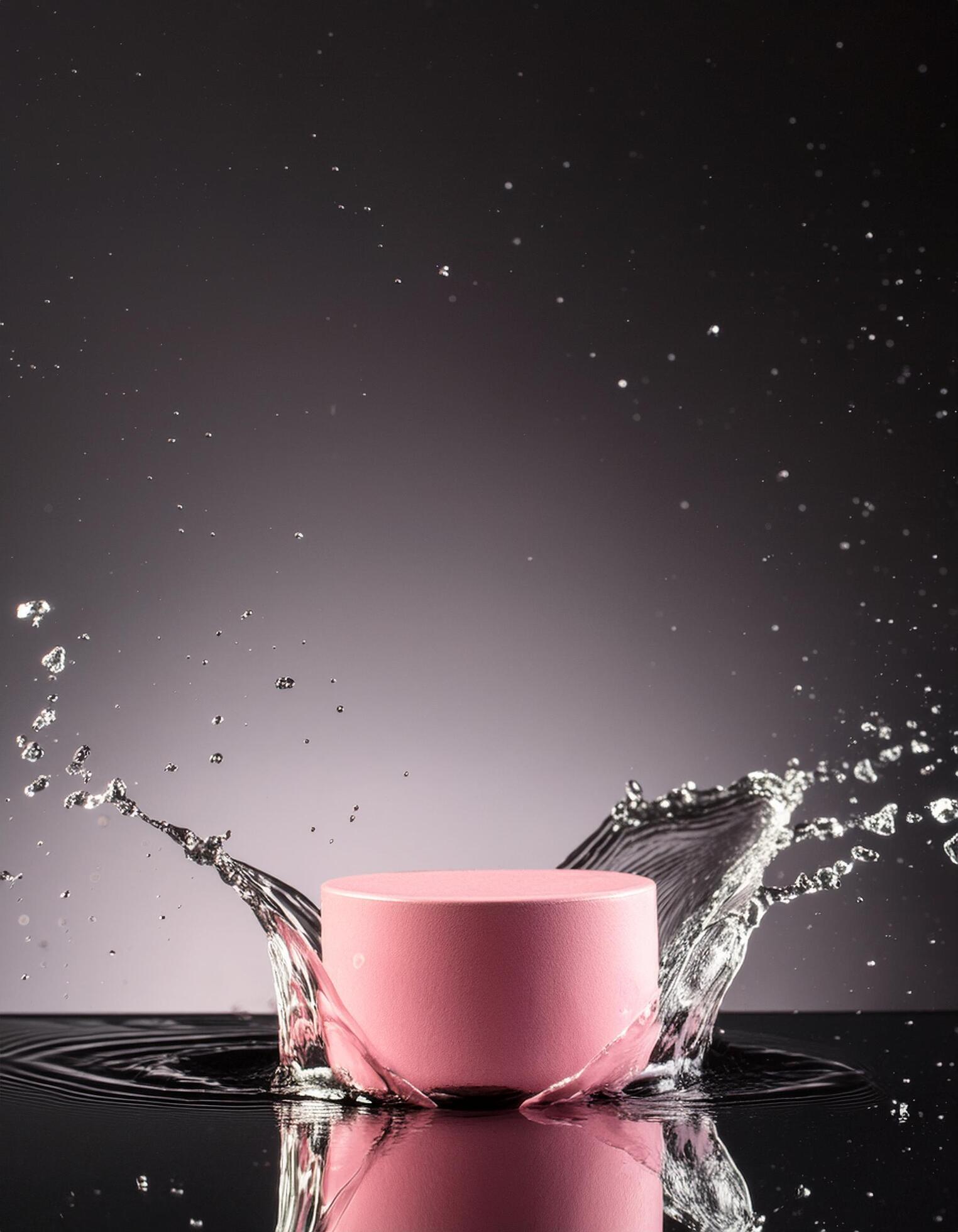 empty pink podium mockup with water splash on a black gradient background for product display Stock Free