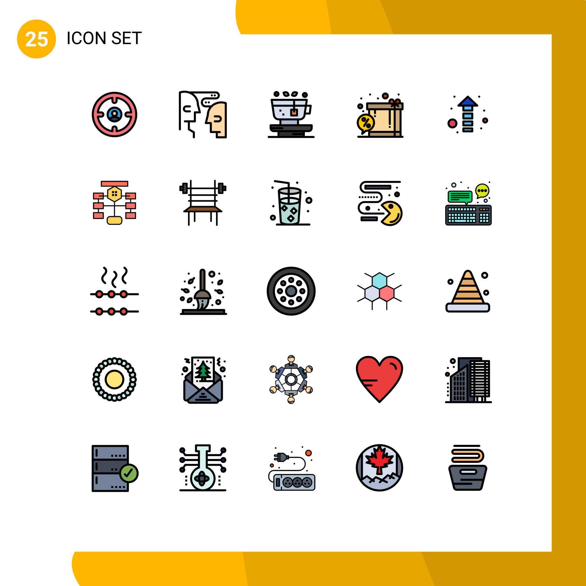 Universal Icon Symbols Group of 25 Modern Filled line Flat Colors of arrow gift interaction discount tea Editable Vector Design Elements Stock Free