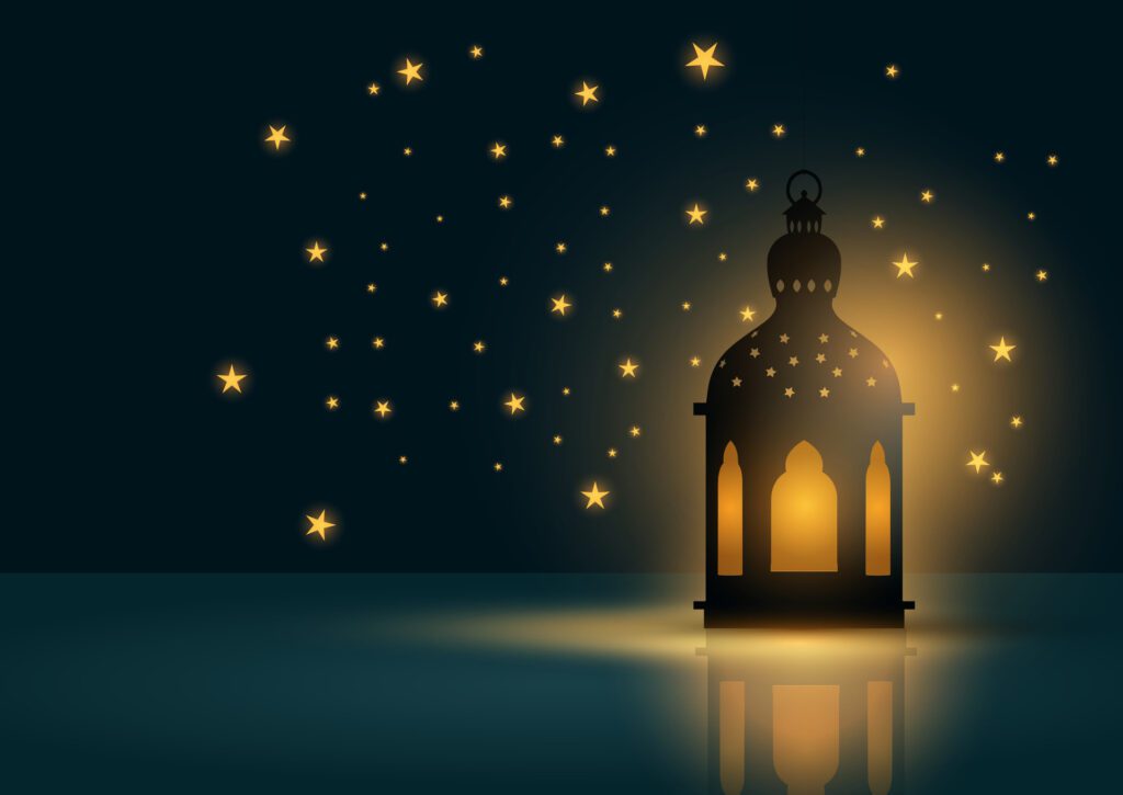 Ramadan background with glowing lantern and stars Free Vector