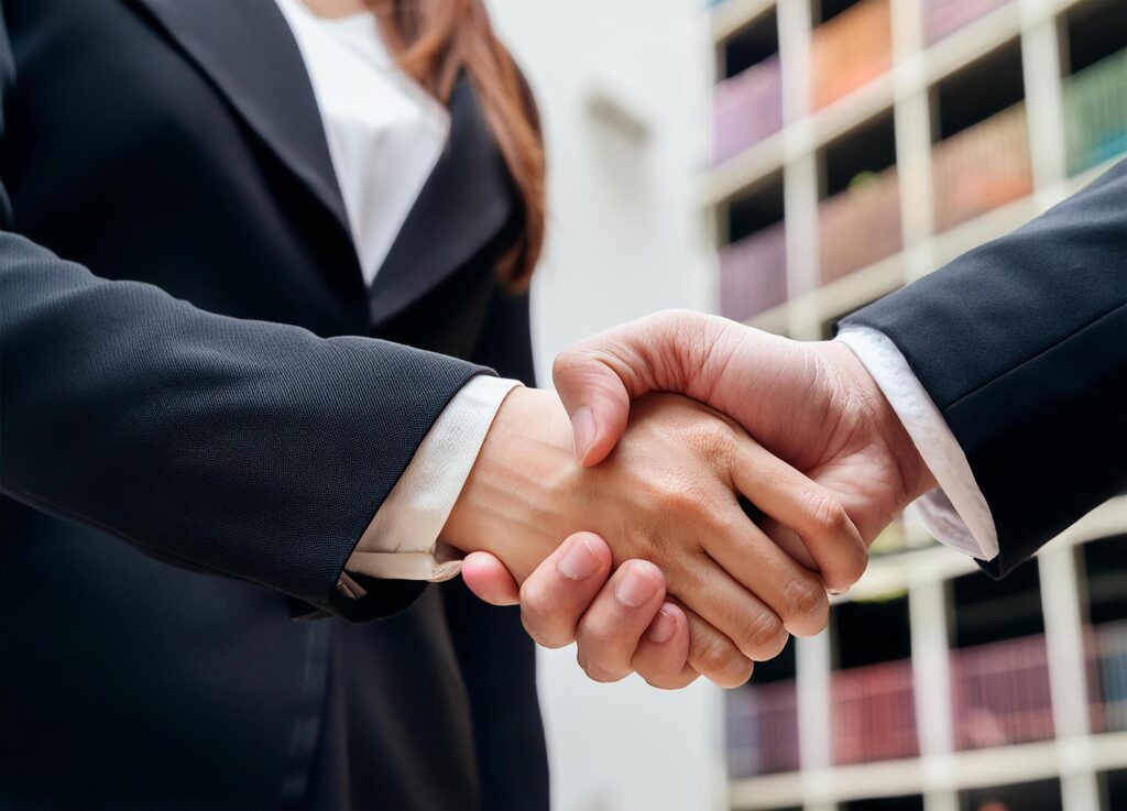 Close up of hand of Two business people shaking hands,man and woman Stock Free