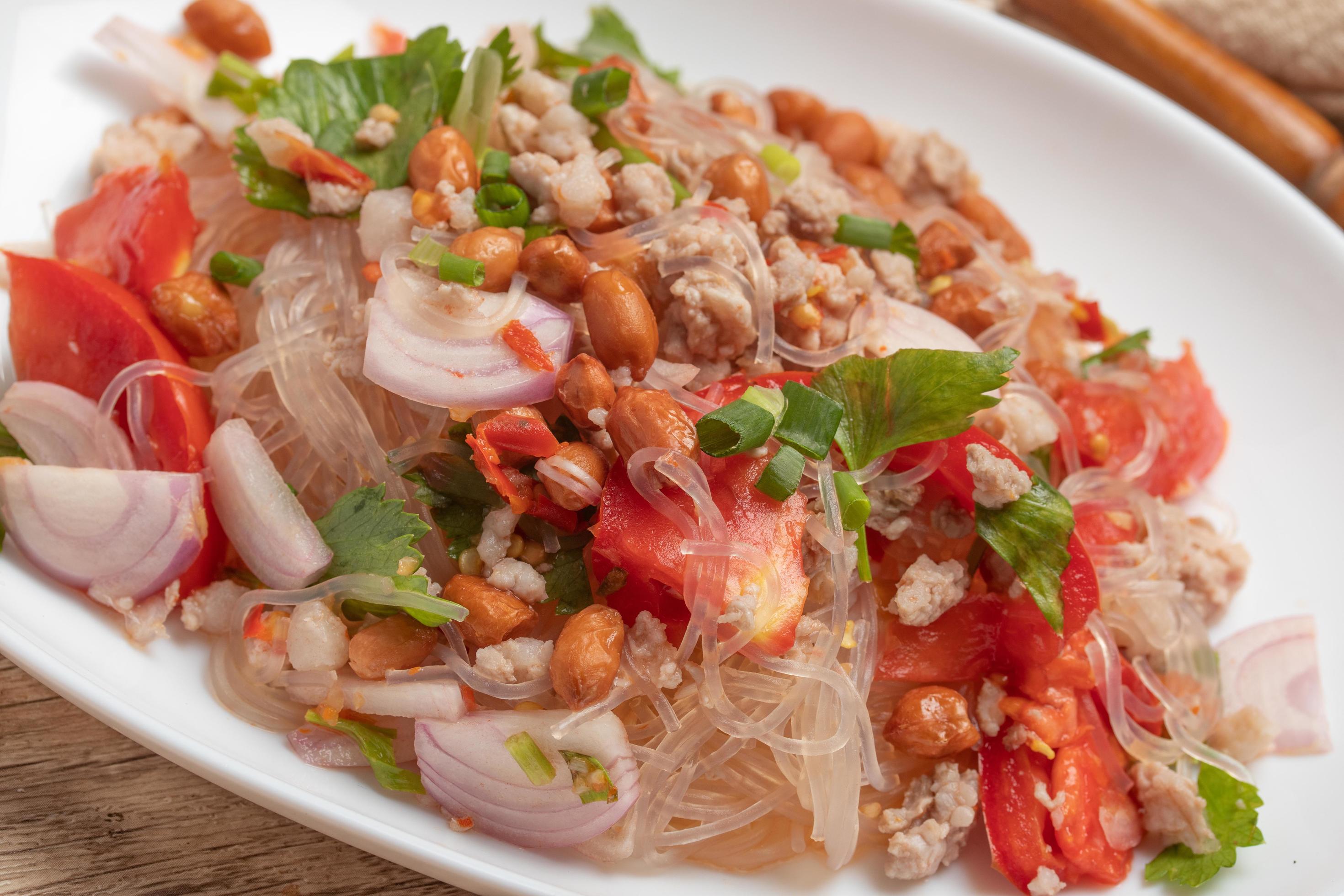 Vermicelli salad with minced pork, spicy food.Thai food Stock Free