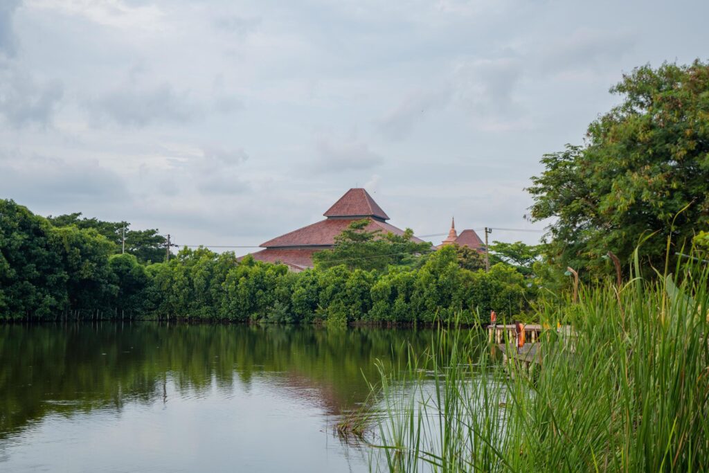 Wooden bridge over the tropical lake with cloudy vibes. The photo is suitable to use for adventure content media, nature poster and forest background. Stock Free