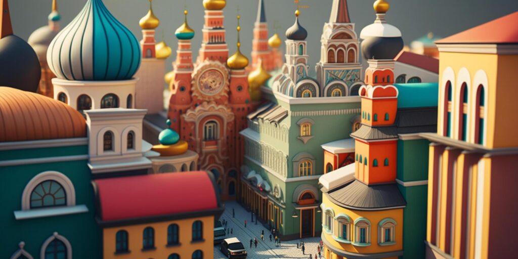 Colorful Cartoon-Style Russian Town with Cozy Houses and Onion-Shaped Towers Stock Free