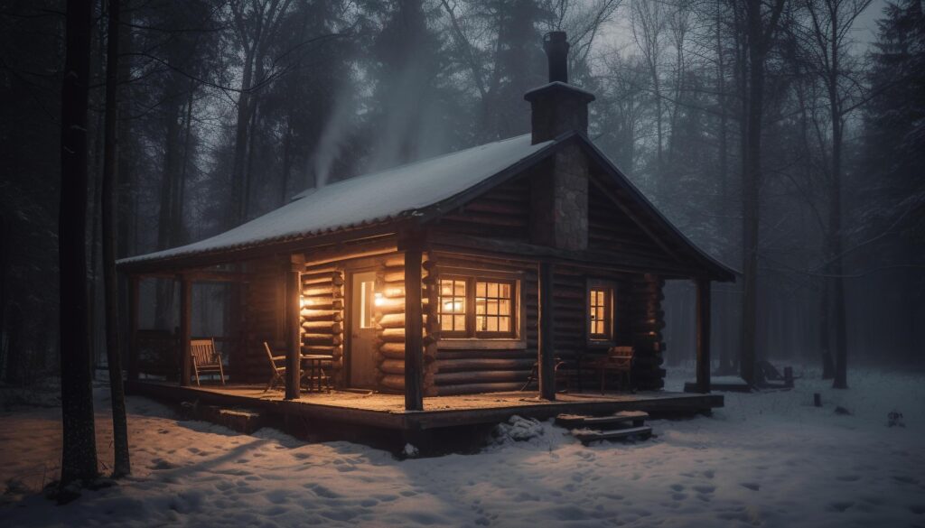 Tranquil snow covered log cabin illuminated by lantern generated by AI Stock Free