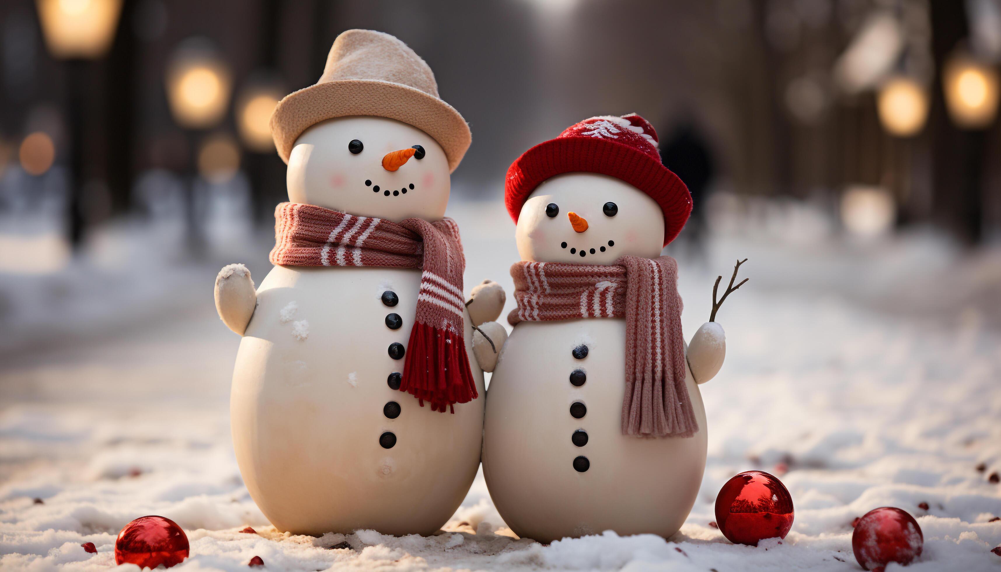 AI generated Winter celebration snowman smiles, cheerful snowflake decoration, outdoor family fun generated by AI Stock Free