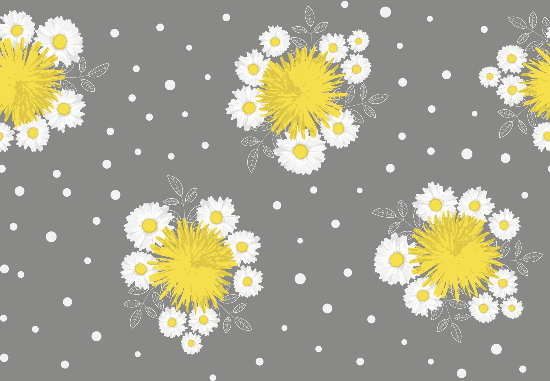 Camomile, dandelion and leaves seamless pattern on grey background. Vector illustration. Free Vector