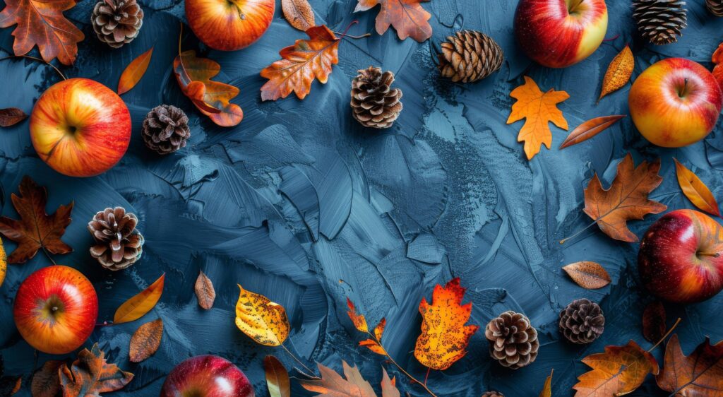 Autumn Apples and Pine Cones on Blue Background Stock Free