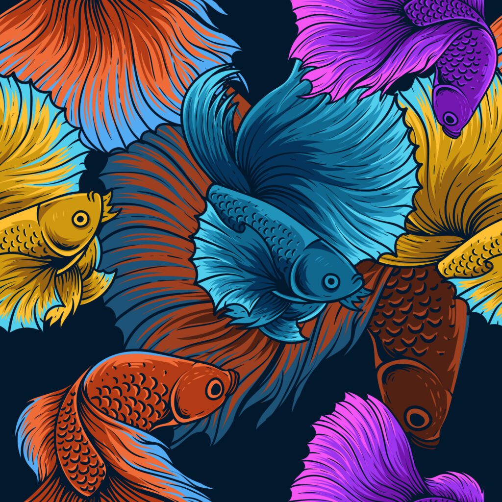 vintage betta fish seamless pattern Free Vector