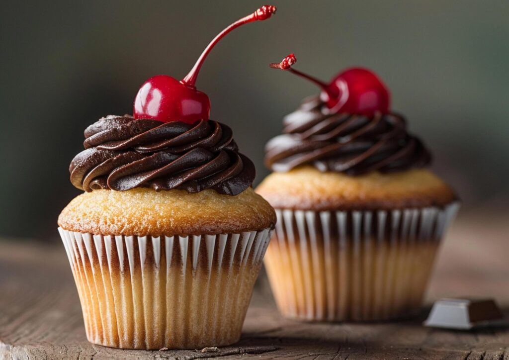 Two cupcakes with chocolate cream and a cherry on top generated by AI. Free Photo