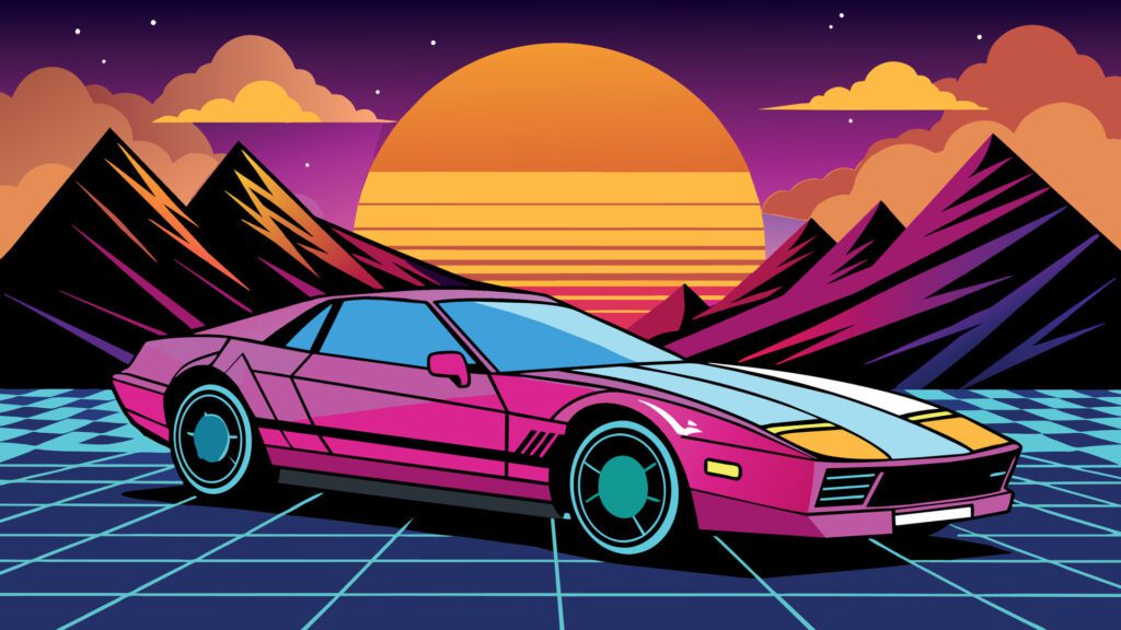 Retro futuristic background with 80’s style sport car Free Vector