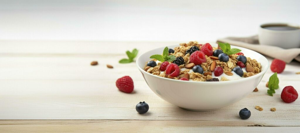 bowl of oat granola with yogurt, fresh raspberries, blueberries, strawberries, blackberries and nuts on wooden board Free Photo