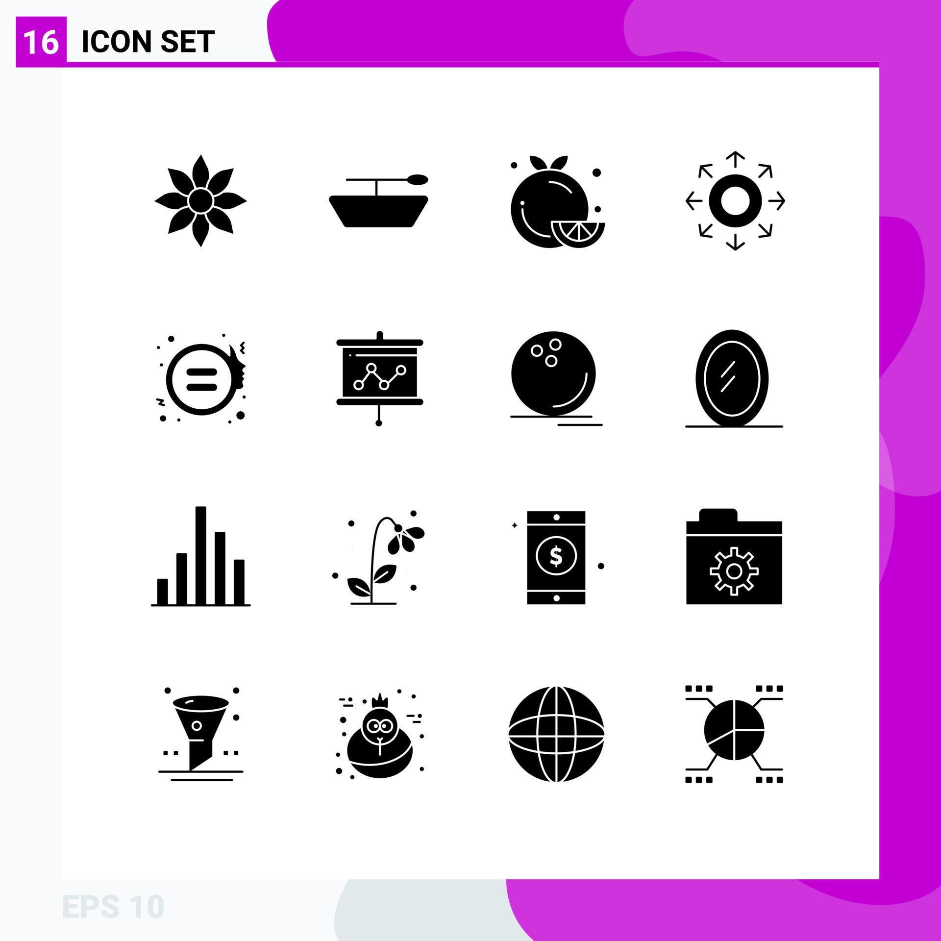 Modern Set of 16 Solid Glyphs Pictograph of gender equality fruit arrow data Editable Vector Design Elements Stock Free