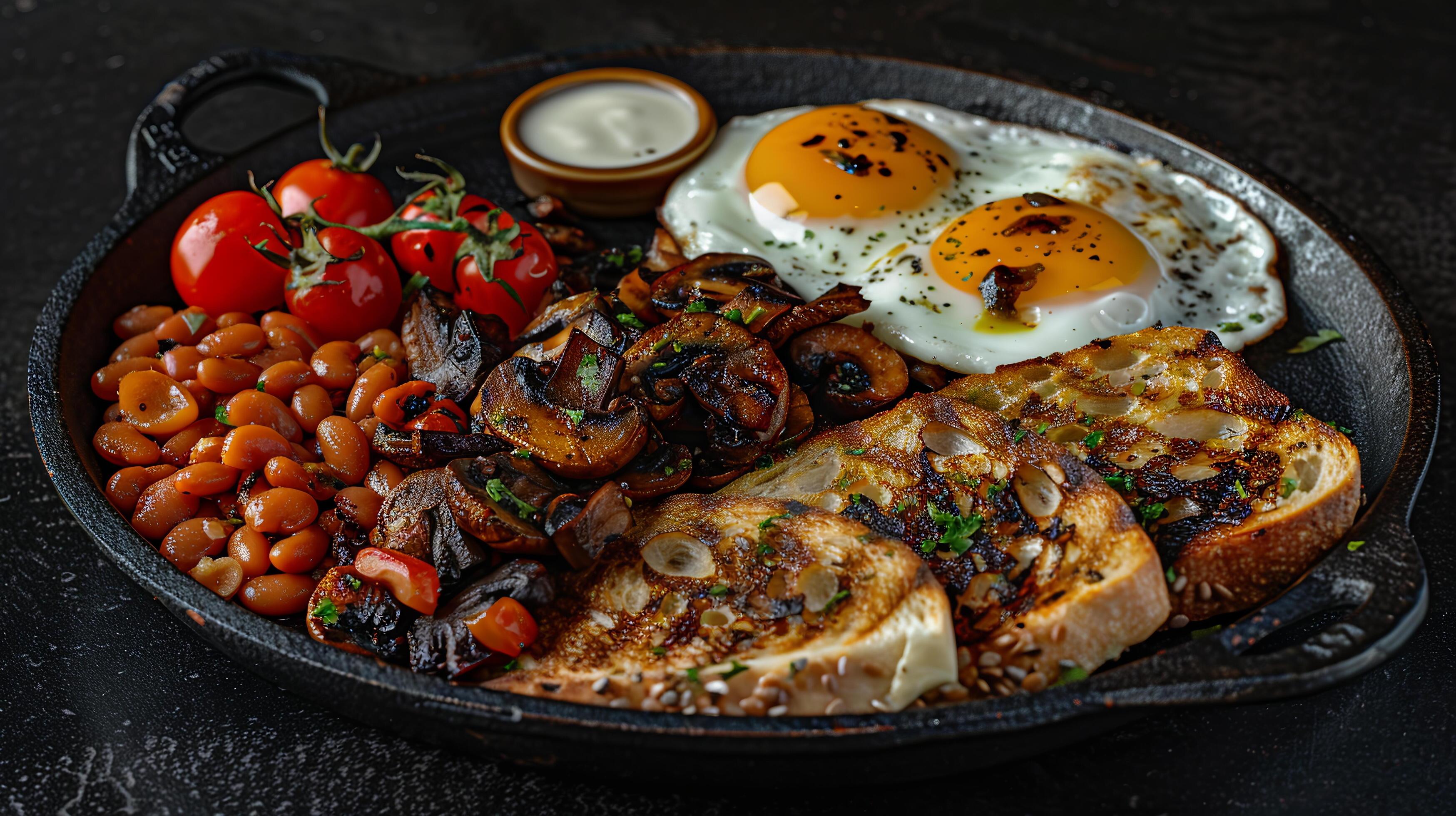 English breakfast platter with fried eggs, baked beans, grilled tomatoes, sauteed mushrooms, and toast. Stock Free