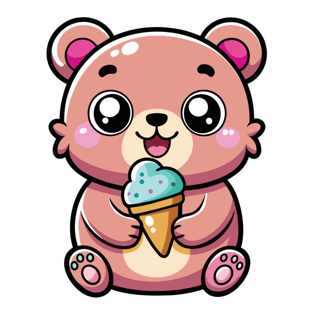 a cute kawaii bear eating ice cream, with clean black outlines, white background Free Vector