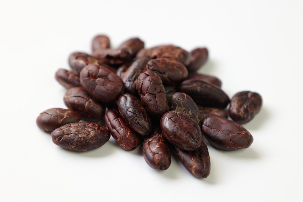 Roasted cocoa beans isolated on white background Stock Free