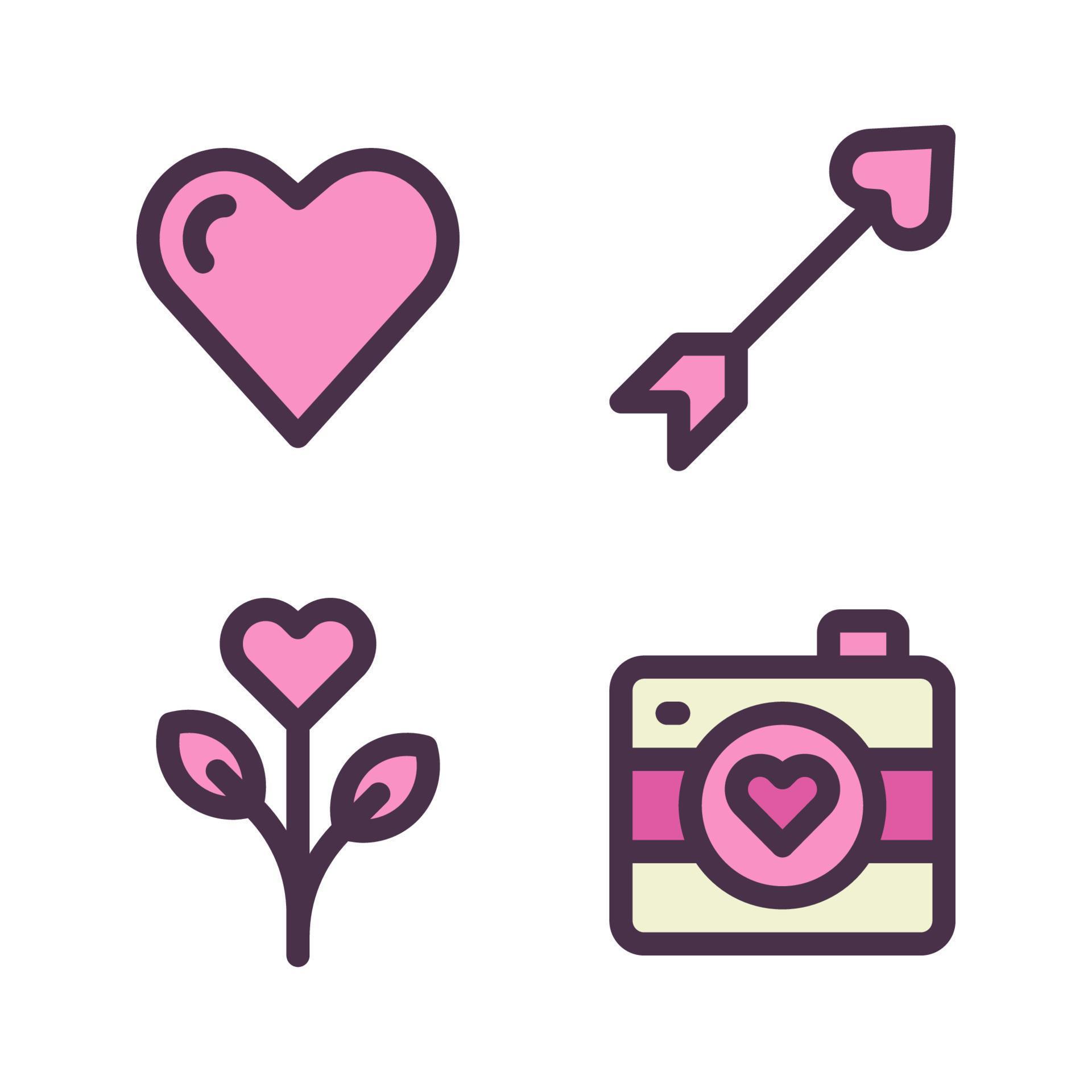 Romance icons set. love, arrow, flower, camera. Perfect for website mobile app, app icons, presentation, illustration and any other projects Stock Free