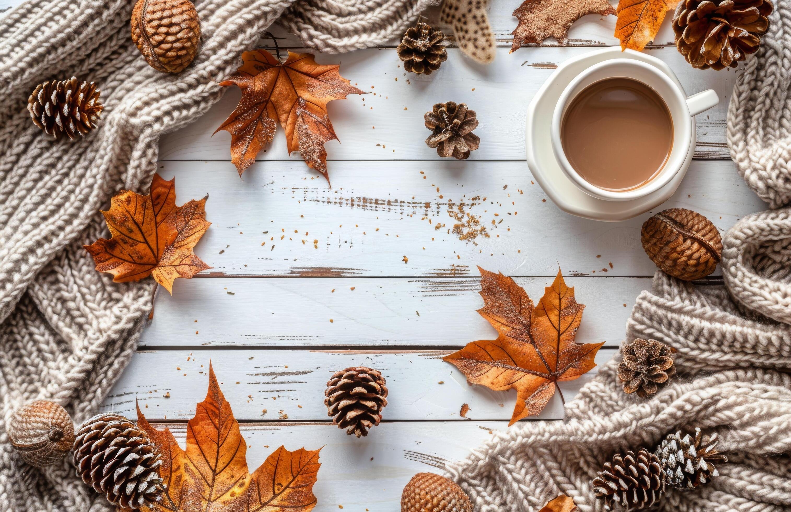 Cozy Autumn Day Coffee Break With Cinnamon and Pine Cones Stock Free