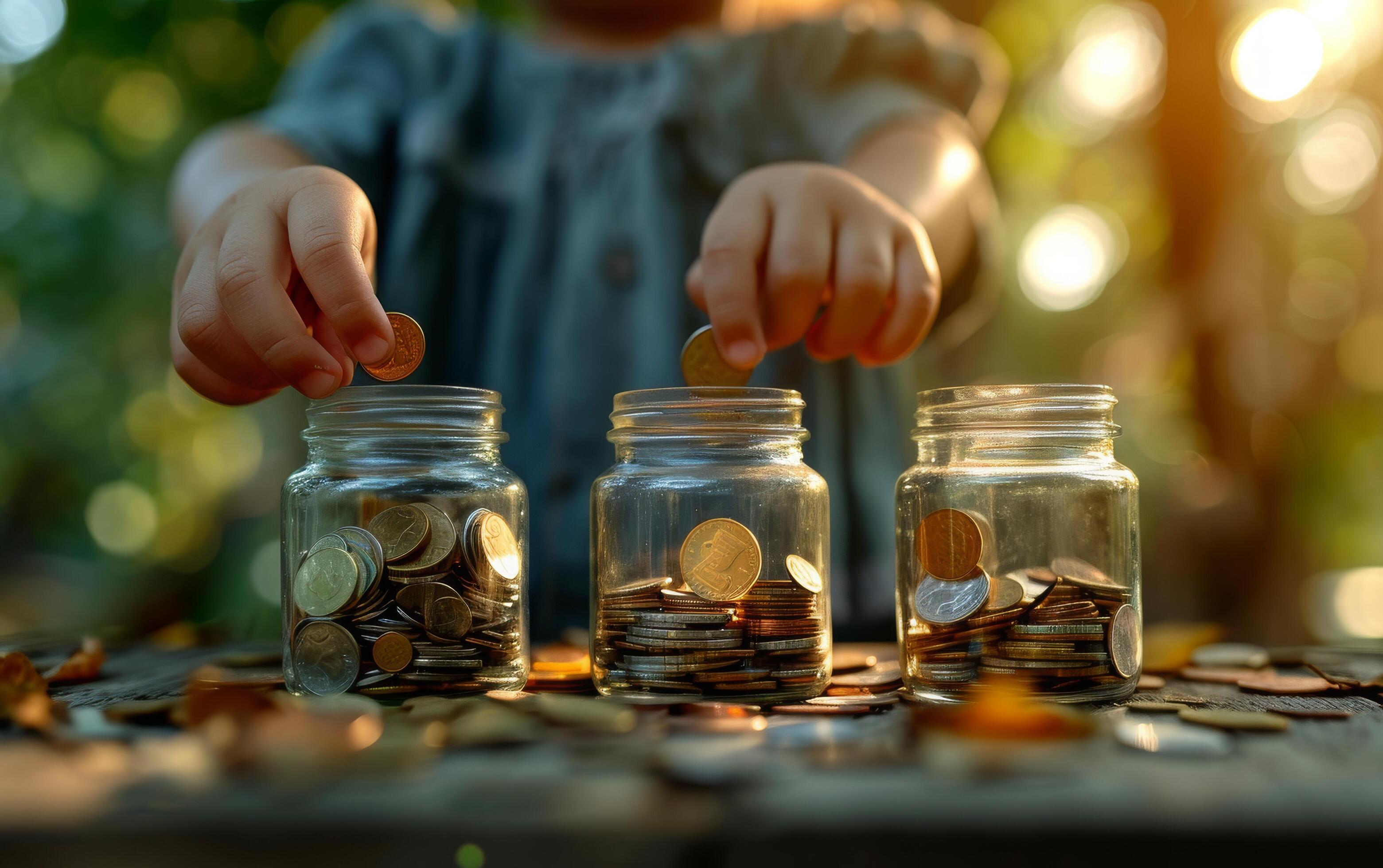 AI generated A child hands carefully placing coins into glass jars, symbolizing early financial education Stock Free