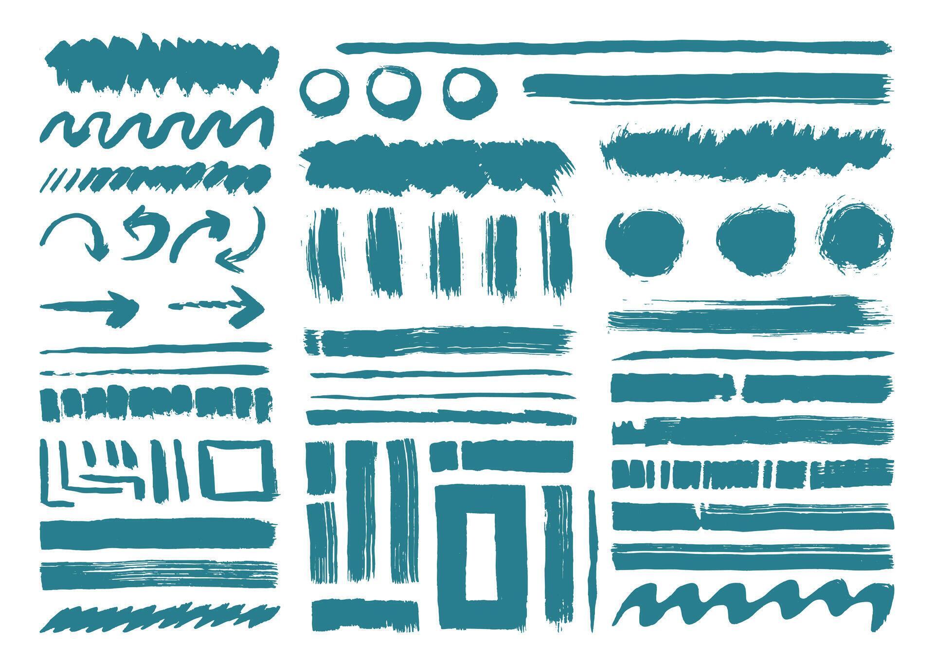 Brush strokes graphic element set. Artistic brushes template. Lines, circle, arrow, square, and wavy shapes stroke. Stock Free