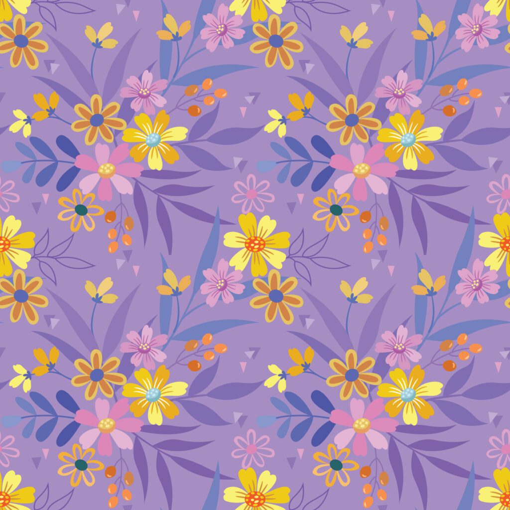 Beautiful blooming flowers on purple color background seamless pattern. Free Vector