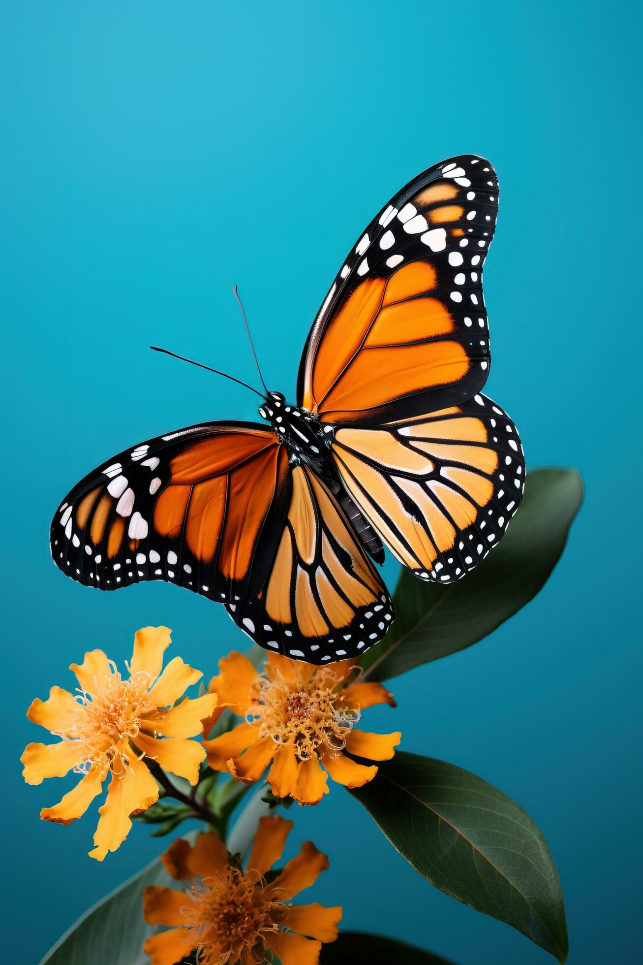 A close-up shot of a single Monarch butterfly perched on a blooming flower background with empty space for text Stock Free