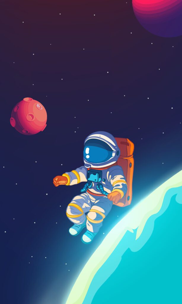 Vertical illustration of astronauts exploring space with stars and planets in the background Free Vector