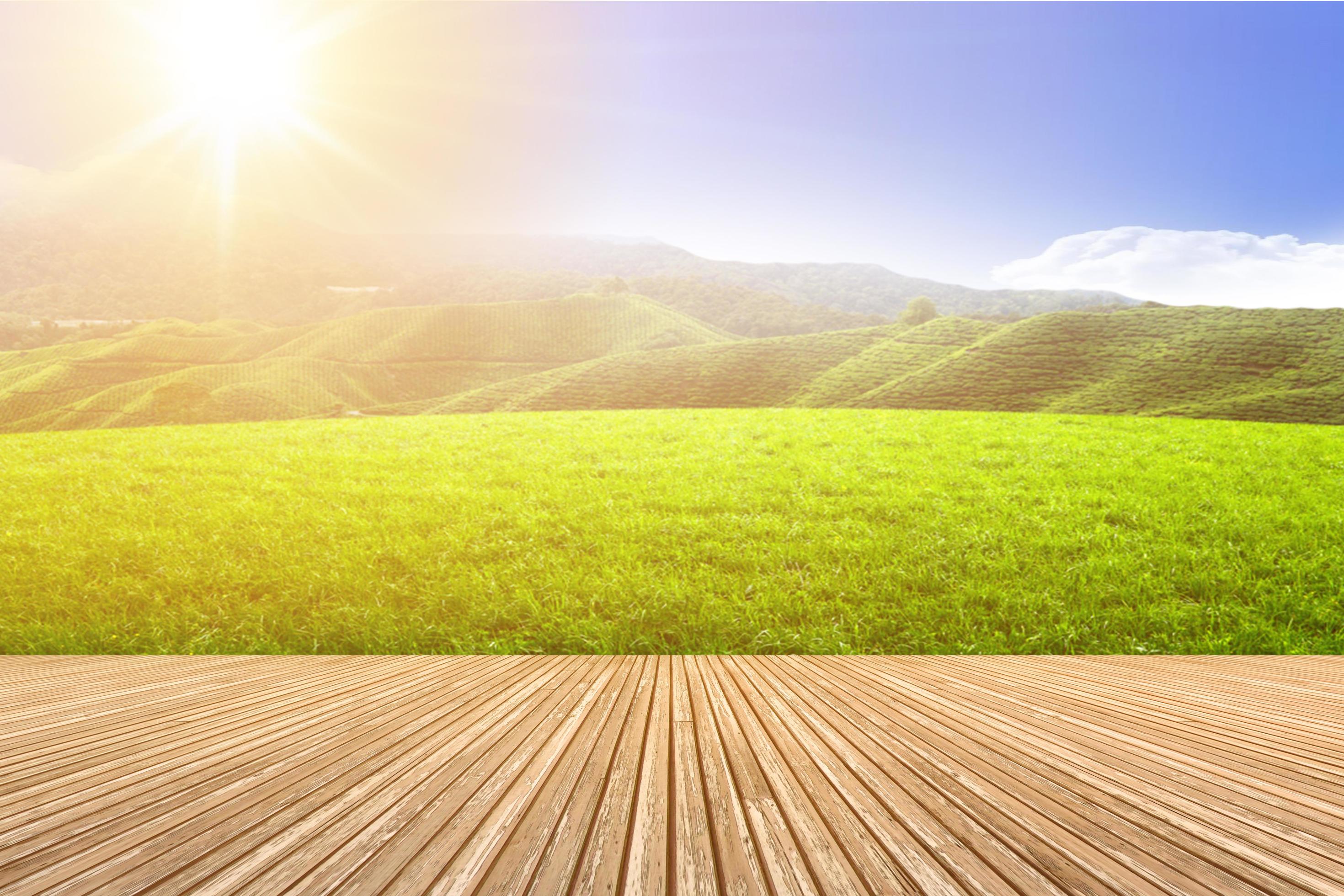 Empty wooden table with mountain view or natural wood table Stock Free