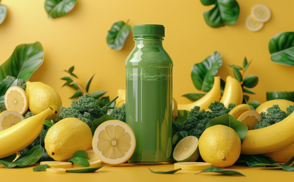 Green Smoothie Bottle With Fresh Fruits and Vegetables on Yellow Background Stock Free