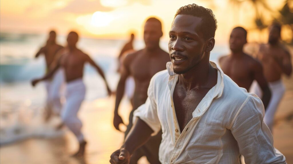 Group of men running joyfully on a sunny beach at sunset Free Photo