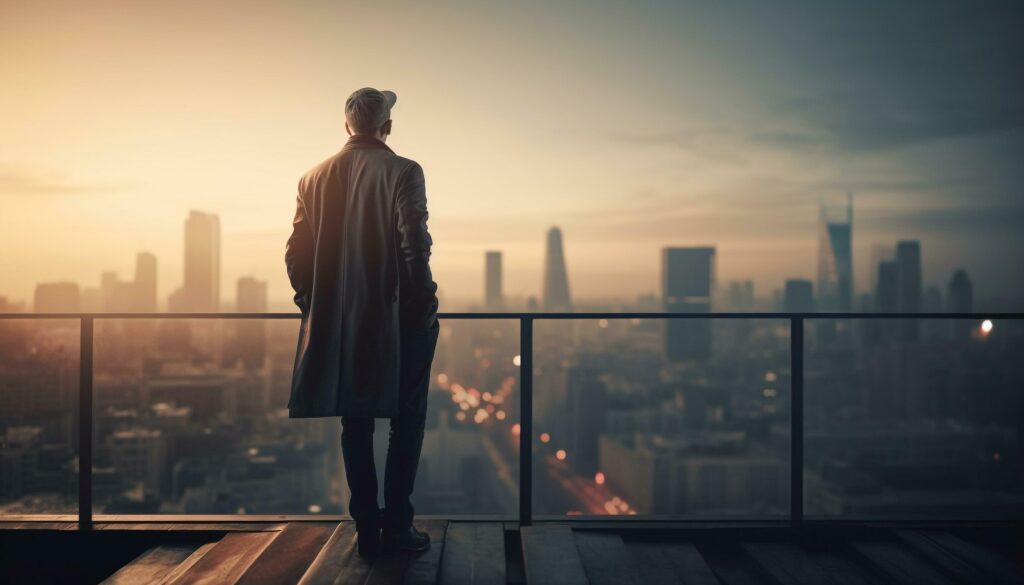 Businessman standing on roof, looking at sunset generated by AI Stock Free