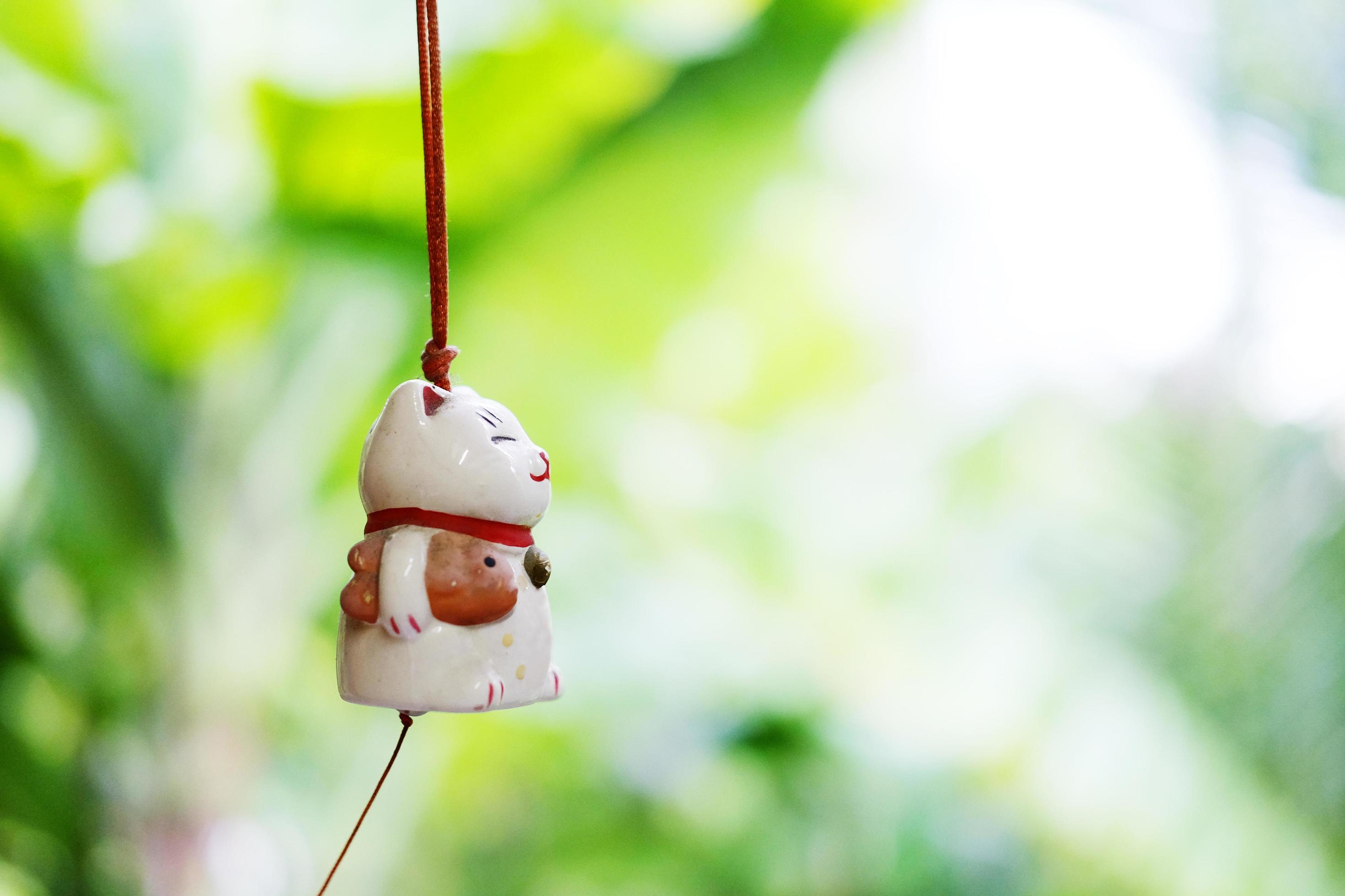 Maneki Neko is Japanese lucky cat doll hanging on the window with green nature background Stock Free