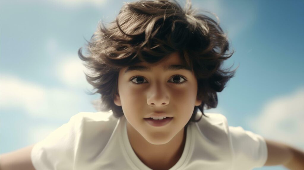 A young boy with curly hair thinks he is on clouds. Free Photo