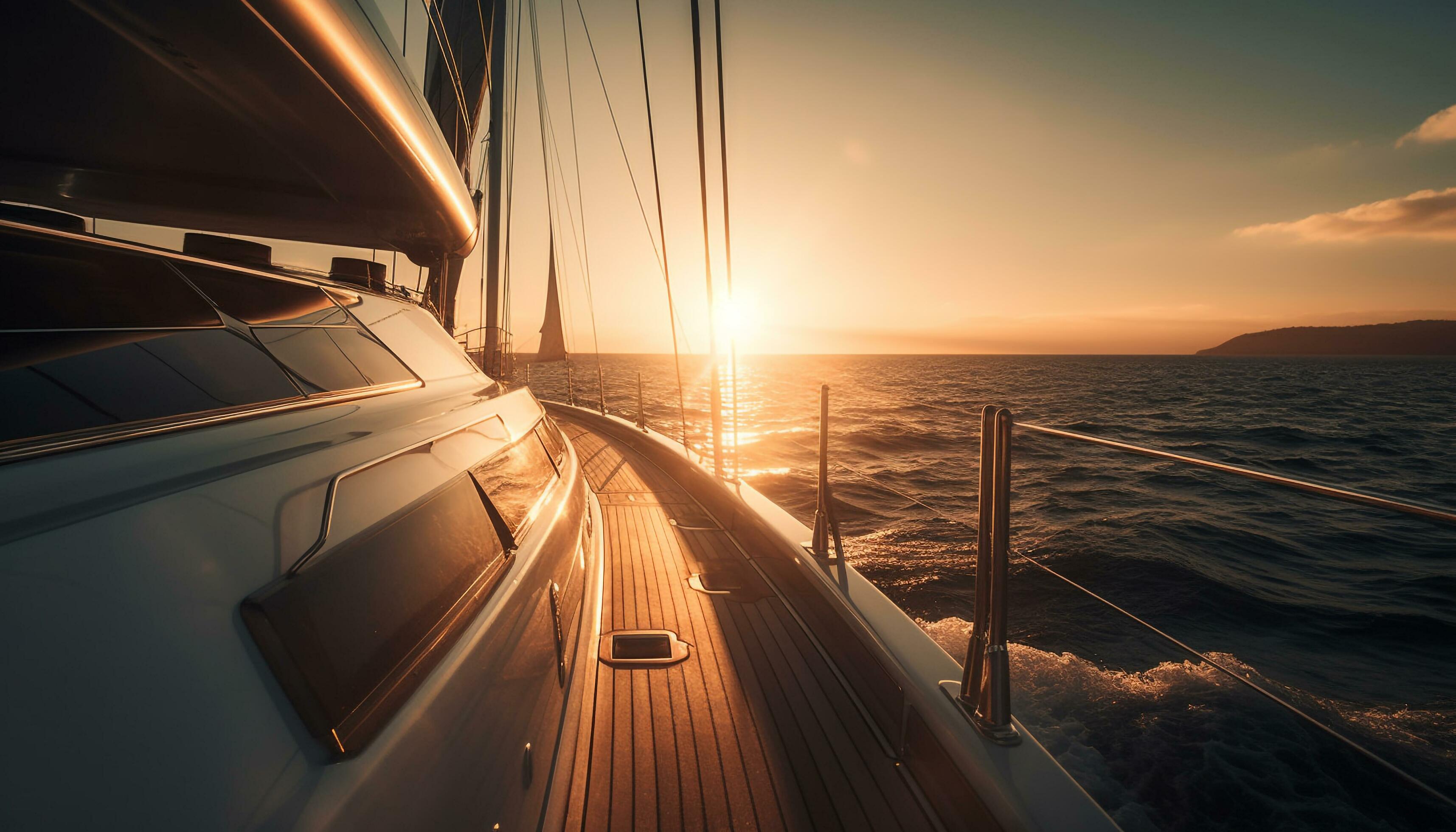 Luxury yacht sails at dusk, transporting passengers on romantic vacations generated by AI Stock Free