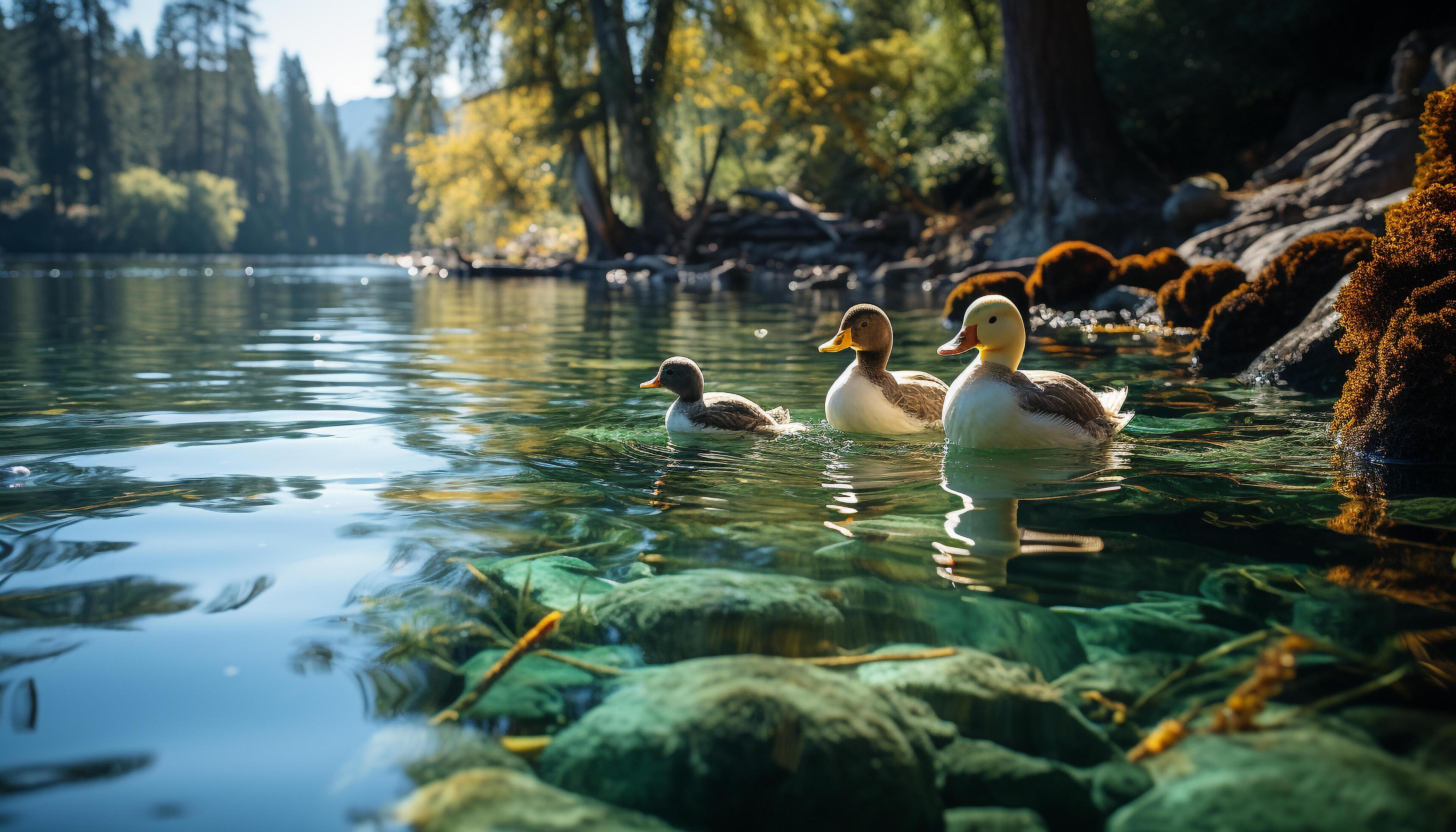 AI generated Duck family swimming in tranquil pond, surrounded by nature generated by AI Stock Free