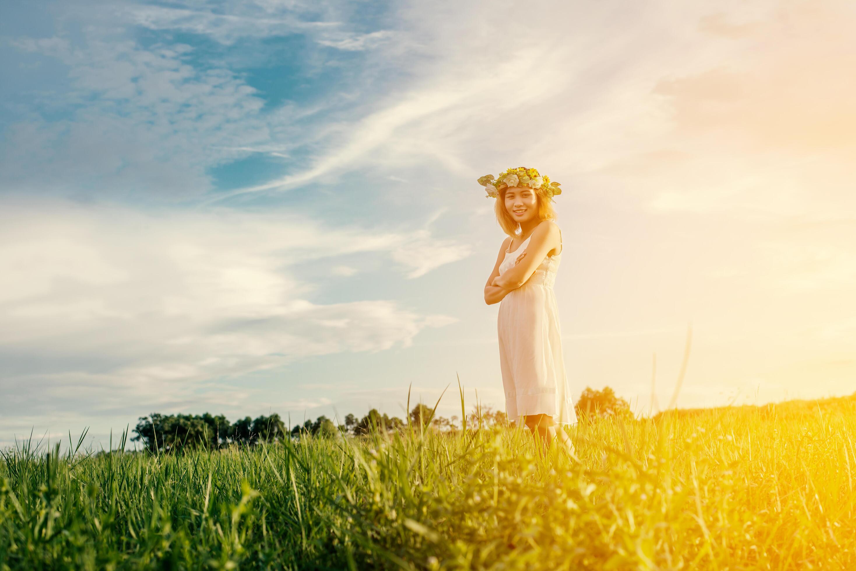 
									Freedom concept Young beautiful woman enjoying with fresh air and nature at meadows. Stock Free