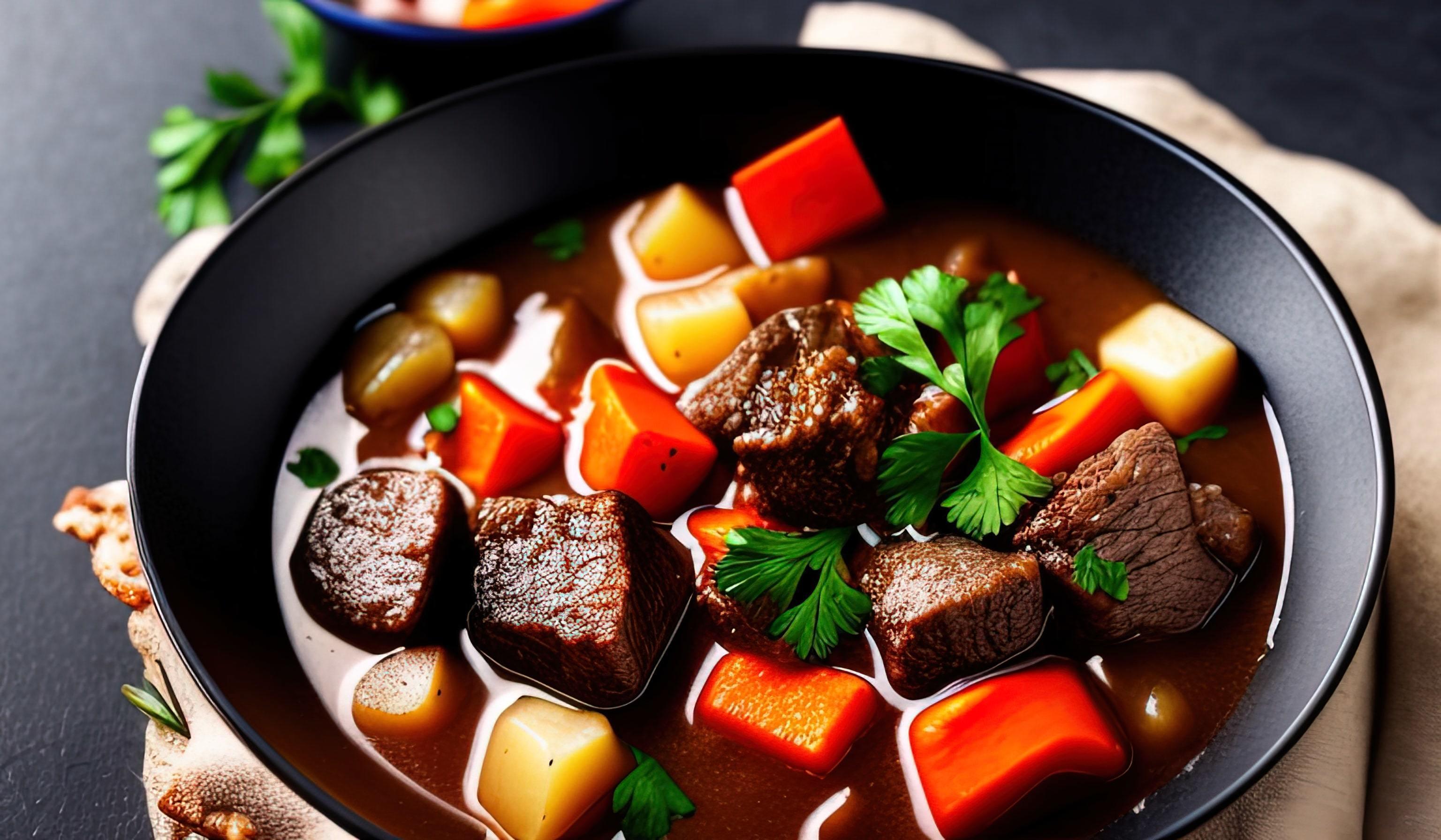 professional food photography close up of a a bowl of beef stew with bread on the side Stock Free