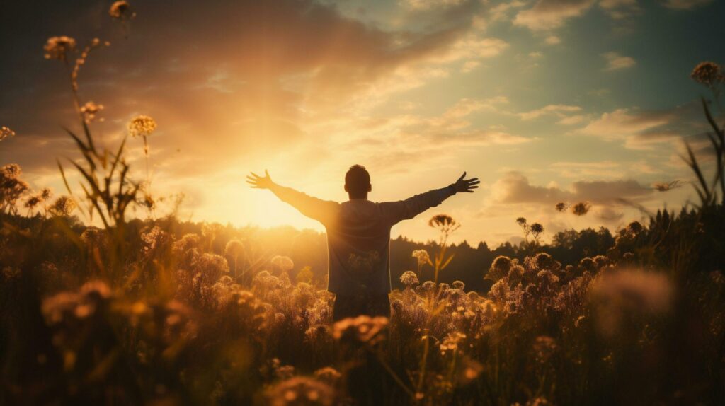 Man in wheat field with raised hands at sunset. Concept of freedom and happiness. Free Photo