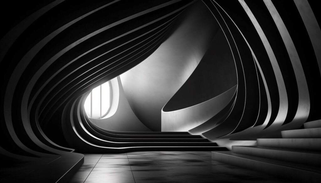 Futuristic architecture design with modern geometric shapes and monochrome backdrop generated by AI Stock Free