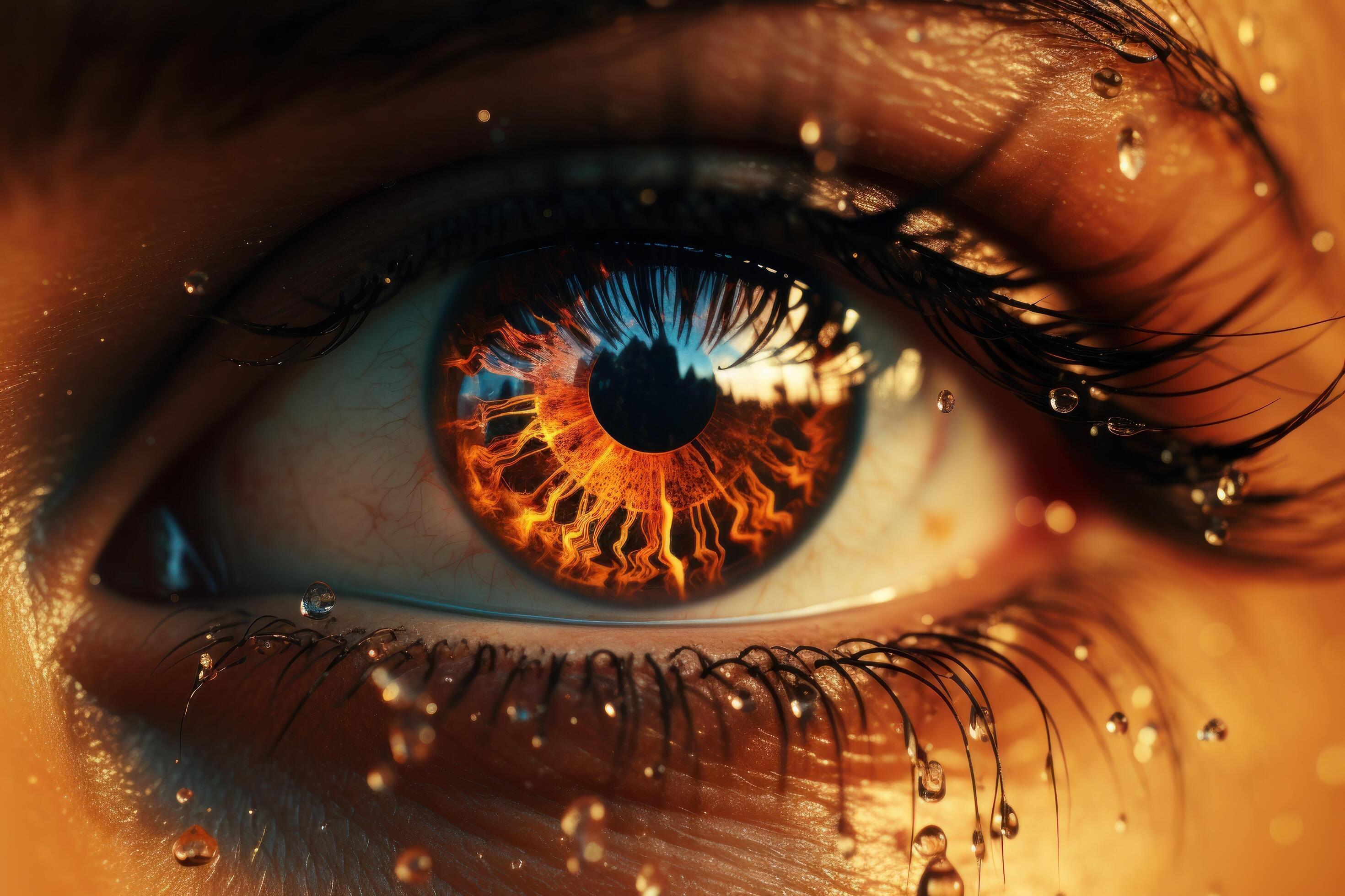 AI generated fire dripping down the eye of a person, uhd image, science fiction influences Stock Free