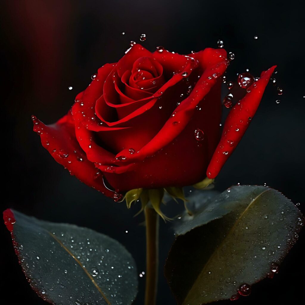 A Red Rose Flower With Water Drop In Dark Theme Generative Ai Stock Free