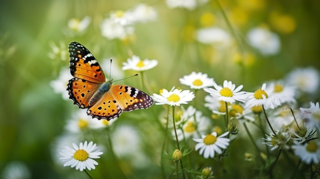 Photo the yellow orange butterfly is on the white pink flowers in the green grass fields, generat ai Stock Free