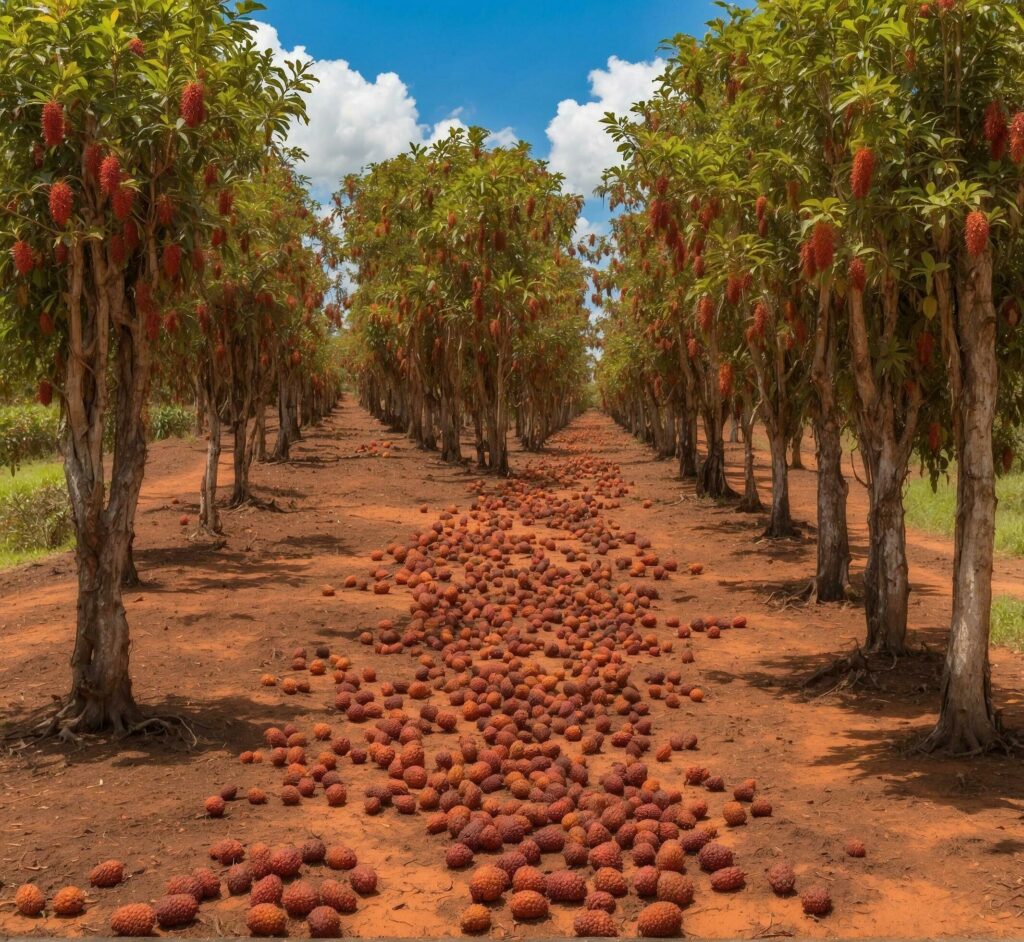 Litchi fruits growing in a row on a farm in Australia Free Photo