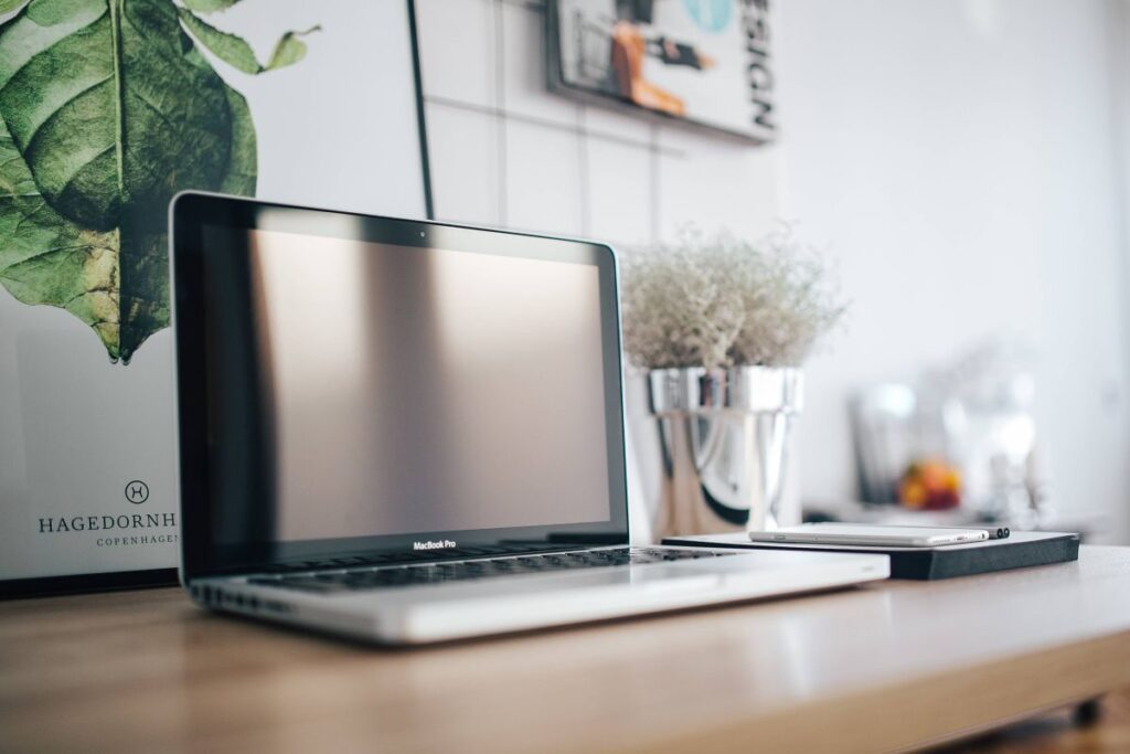 Silver Acer laptop on a wooden desk with a green plant, pencils and an Apple iPhone Stock Free